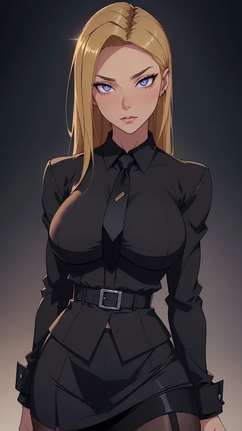 blonde hair, long hair, green eyes, body builder (wearing black business outfit, black_collared shirt cropped jacket ,tie,neckti...