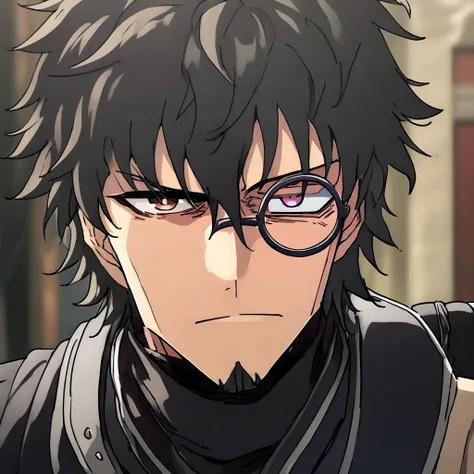 anime man, shaved beard, cold face expression, black fluffy messy hair, unique black suit, cool, ((best quality)), black scarf, ...