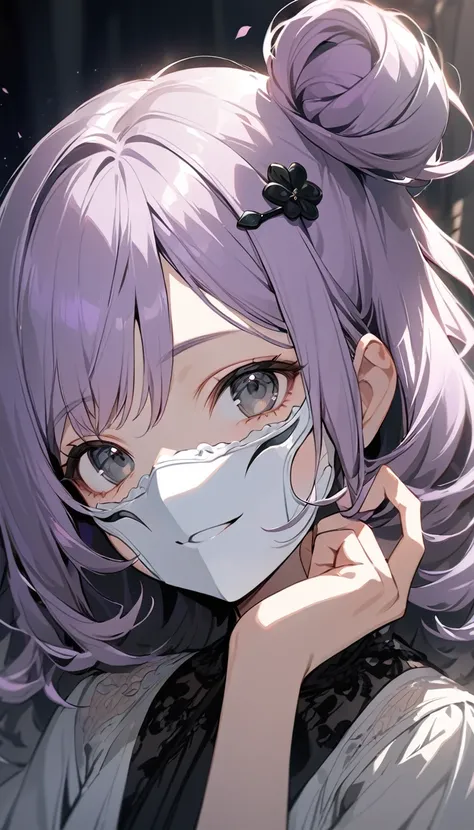 (Cute a girl:1.5), (a girl with closs hair pin,pale purple hair,bluntbangs hair,green and black eyes, a white smiling mask covers one side of face, portrait, look at viewer:1.4), (masterpiece:1.3), anime visual, (Lovey-dovey:1.5), (tilt head:1.3), extremel...