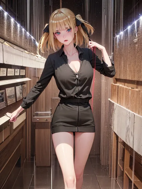 masterpiece, High resolution, high quality, Detailed face, Detailed body rendering, One girl, alone, Sleeveless outfit, Sleeveless shirt, Fishnet top, Black Lips, Unzipped jacket,, Exposing breasts, Nipples, Are standing, blushする, ((Full Body Shot)) , ((le...