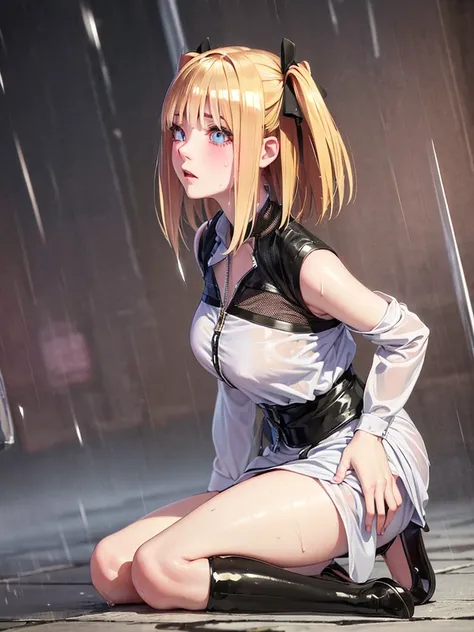 masterpiece, High resolution, high quality, Detailed face, Detailed body rendering, One girl, alone, Sleeveless outfit, Sleeveless shirt, Fishnet top, Black Lips, Unzipped jacket,, Exposing breasts, Nipples, Are standing, blushする, ((Full Body Shot)) , ((le...