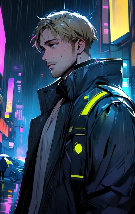 Ryan Gosling staring blankly in the rain in a cyberpunk city