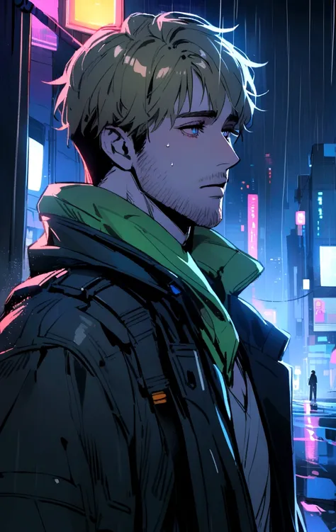 Ryan Gosling staring blankly in the rain in a cyberpunk city