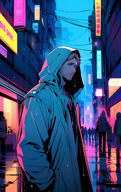 Ryan Gosling staring blankly in the rain in a cyberpunk city