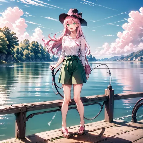 (1 girl: 1.1) ,((pink hair)),((green eyes)), angler, with fish, expression of joy, hat, river, boat