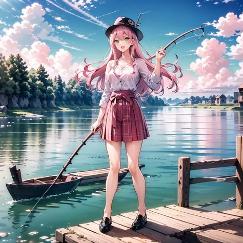 (1 girl: 1.1) ,((pink hair)),((green eyes)), angler, with fish, expression of joy, hat, river, boat