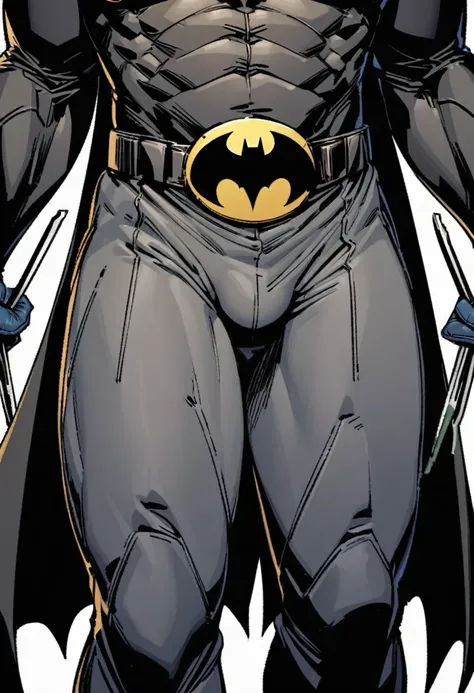 Batman, from front, super fine, lower body shot, middle-aged man, hunk, looking down and mouth wide open with shocked face, Batmans crotch get pinched by many tongs, Batmans crotch squeezed by many tongs,