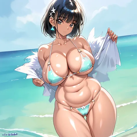 Clear Bikini，(close-fitting:1.4)，plump udder，Exposed TIT treats become more transparent，，nabel，large areola，，More transparent panties，Detailed ，close-up ，Realistic skin texture，​masterpiece，Glowing below，Slightly armpit hair，Medium Hair，，Highlight Textures...