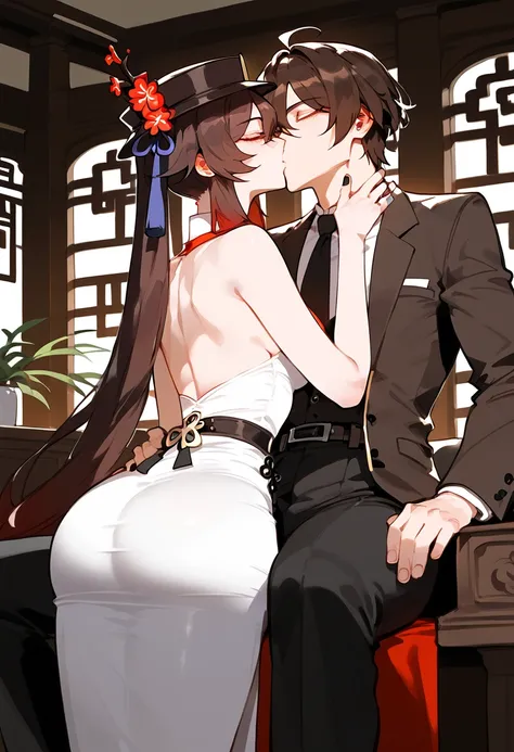 anime artwork, score_9, score_8_up, score_7_up, score_6_up, score_5_up, score_4_up, hu tao, she is 24 years old, style_3, sit,,,,,,,,,, dress, 1boy, zhongli, he grabbing her ass, they are kissing, indoors, floox style