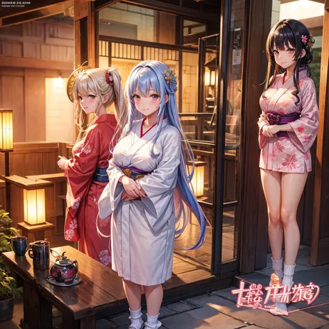 Best Quality，，smile，middle School girls，Beautiful girl,Hot spring inn,Girl wearing yukata，Several girls are depicted，Harem，Idol Group，photo shoot，Long Hair，Highest quality，Big Breasts，Happy girl,Horny girl，Yellow Eyes，Perfect Face，Standing posture,Girls hu...