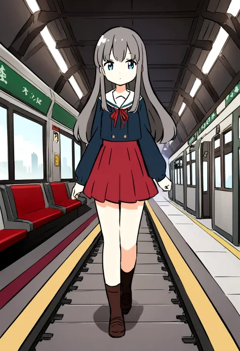 Anime girl with long hair walking on a train platform., Kantai Collection Style, railgun, Perfect, kantai collection gallery, cancolle, Makoto Shinkai Style, visual anime of a cute girl, makoto shinkai art style, beautiful anime high school girl, 4K anime ...