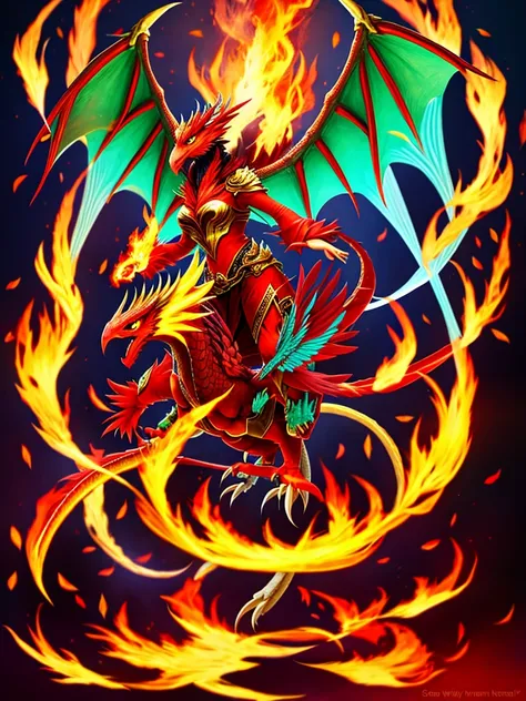 fire dragon woman flames birds 