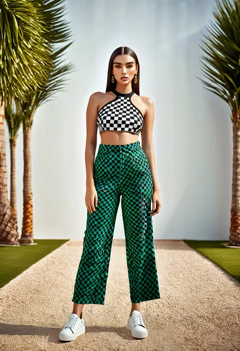 a high quality professional photo of a person in a summer style, wearing a checkered top and printed pants, with a face that is ...