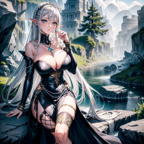 realistic anime style portrait of a beautiful voluptuous fair-skinned woman, long braided silver-white hair, pointed ears, intricate silver rectangular earrings, black low-cut long-sleeved dress with high collar, long black cape attached at front with thic...