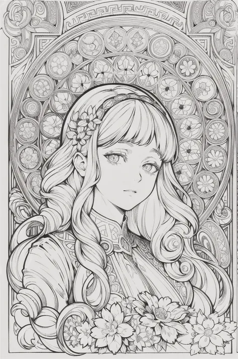 European womens face portrait, long curly hair, bionde, floral frame, decorative panel, abstract
Art by Alphonse Mucha, sketch, character lines and scenes without colors and shadows.
(Masterpiece, Best Quality, highres:1.4), Detailed, Intricate Details, 4K...