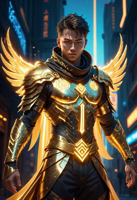 young man dressed in Cowl armor , the glory of the sun god, shining, golden clothing, handsome, gestures forming spells, martial arts and fairy-like vibe, carrying a palace on his back, game character, surrounded by runes, cyberpunk style, neon lights, bes...