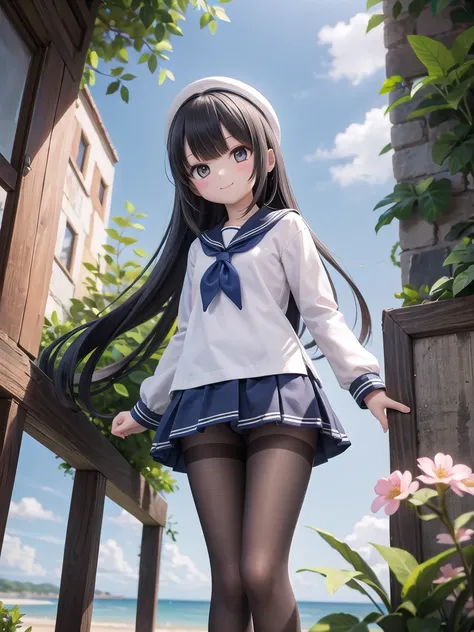 wallpaper, Clear Face, (masterpiece),  town,  blue sky,  One Girl, Put people on the right,  smile,  alone,  Sailor suit、Long skirt,  Overgrown,  petal,  plant、Skirt lining、White slip、nostalgic、pantyhose（gray）、You can see the sea in the distance, Crotch cl...