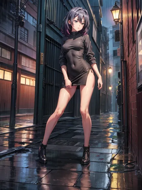 Girl, short tight dress, black thong, street background, openlegs, night, Narrow alley between houses, night, rain, slim body 