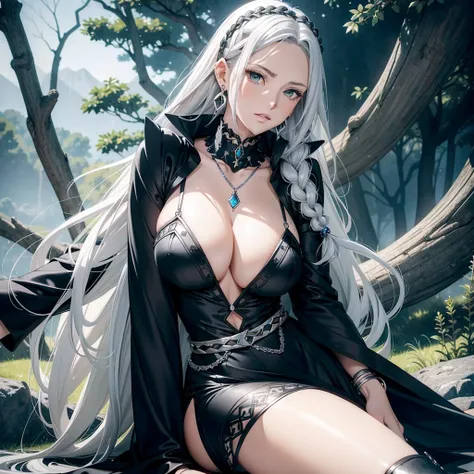 realistic anime style portrait of a beautiful voluptuous fair-skinned woman, long braided silver-white hair, pointed ears, intricate silver rectangular earrings, black low-cut long-sleeved dress with high collar, long black cape attached at front with thic...