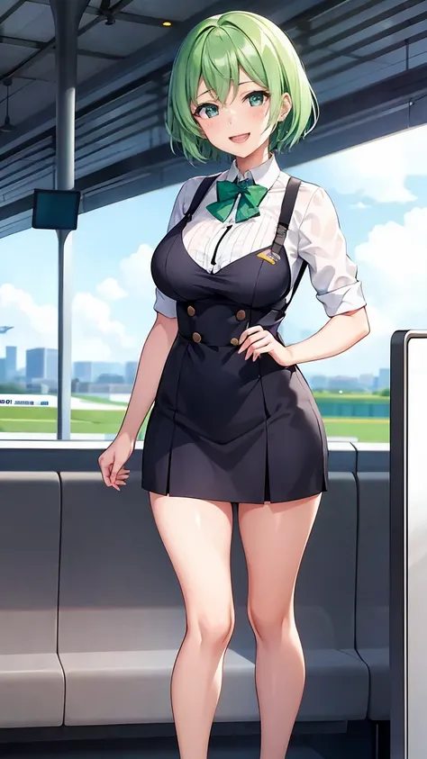 Girl with short green hair, Small size breasts,、Green Eyes, 、,Full body photo from head to toe、stewardess、airport、、A big smile、Uplifting、The best smile、Currently serving customers、work、飛行機の機内work、