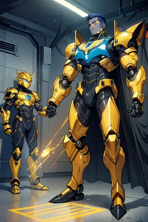 male, golden yellow body, blue eyes, robotic, robot, (((1boy))), (((golden yellow metal armor))), (black clawed cybernetic gauntlets), (black cybernetic boots)