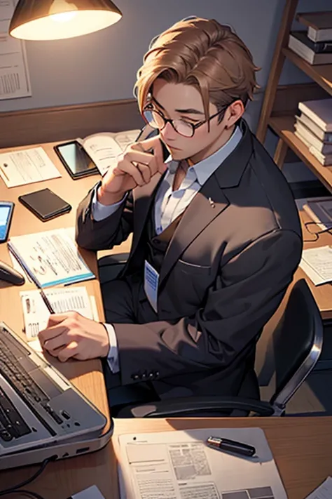 (masterpiece,up to date,Exceptional:1.2),male、Work clothes、desk、Glasses