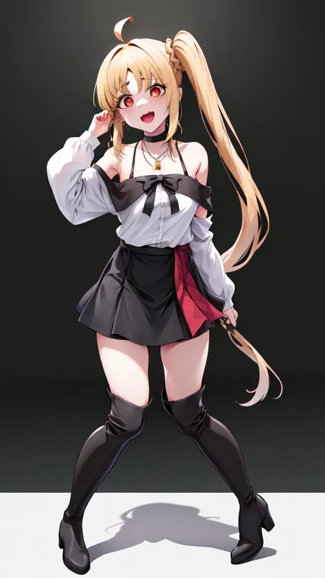 1girl,, Solo,, Thigh boots, Thighs, Boots, Long hair, High heels, Necklace,, Black footwear, White background, Small off shoulder, Full body, Bangs looking at the viewer, Masterpiece, Best Quality, High Definition, In1, Side Ponytail, Long Hair, Ahoge, Top...