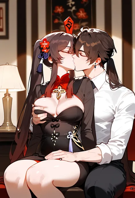 anime artwork, score_9, score_8_up, score_7_up, score_6_up, score_5_up, score_4_up, hu tao, she is 24 years old, style_3, sit,,,,,,,,,, dress, 1boy, zhongli, breast grab, they are kissing, indoors, floox style