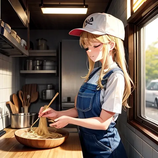 A woman making udon noodles in a kitchen car　Eyes closed　Overalls　Blonde　　Wearing a cap