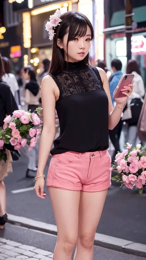 Beautiful woman, Lighted street at night, Fidgeting with smartphones, hot pants, Fragrant pink flowers, Passersby, Night view gradation, Fine details, Subtle Tones, Silence on the screen.  