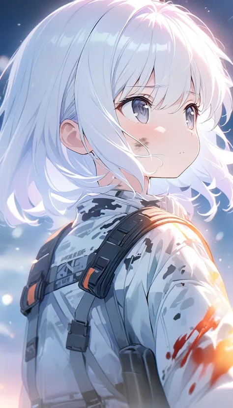 Luminous design, Soft colors，masterpiece:1.2), best quality , 独奏:2 ,pixiv, anime girl ，long straight white hair , black eyes ,Wearing off-white camouflage uniform ,ten years old，modern battlefield，(Eyes looking into the distance:1.3)，(look away:1.5)，snowy ...