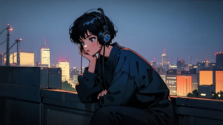 black middle hair, black clothing, one adult woman looking sideways ,blue headphones、 city of night, delicate background、masterp...