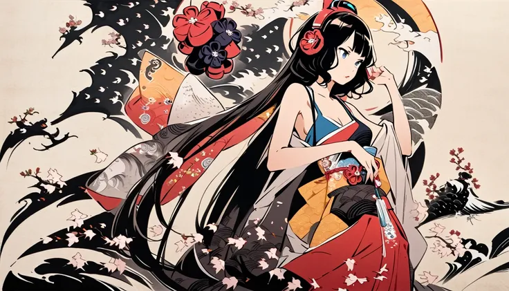 (((Highest quality))), (((Katsushika Hokusai))), (((Ink Painting))), ((very straight longhair)), ((1 girl)), ((cherry blossoms)), ((beautiful girl)), Tank top, Japanese style headphones, Black Hair, Delicate and precise, Modern ukiyo-e style