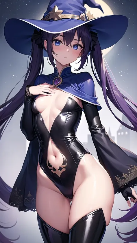 monamegistus, mona, blue eyes, hair between eyes, twintails, very long hair, purple hair, hat, (small breast:1.2), witch hat,
BREAK black bodysuit, black gloves, blue sleeves, bodysuit, capelet, covered navel, detached sleeves, gloves, high heels, leotard,...