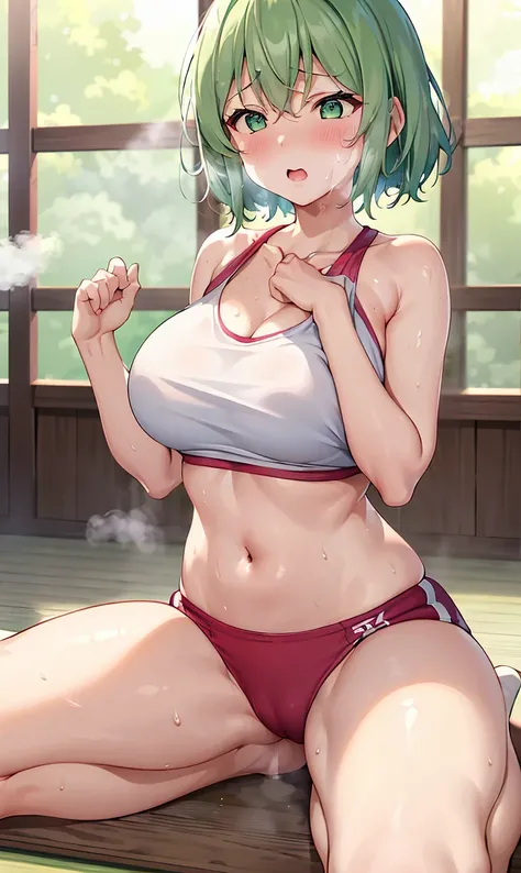 Girl with short green hair, The chest is medium, Green Eyes, 、(tits),Full body photo from head to toe,、cloth、(Clear Face)(Best Quality, High resolution, Super detailed),, (Vivid and colorful, The chest is clearly in focus),(Soft Breasts:1.2、,、、Exposed ches...