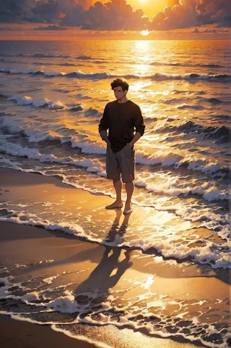 A man standing on the beach at sunset, in the style of an Impressionist oil painting. The man is silhouetted against the setting sun, which casts long shadows across the sand. The colors are warm and vibrant, with brushstrokes visible throughout the image.