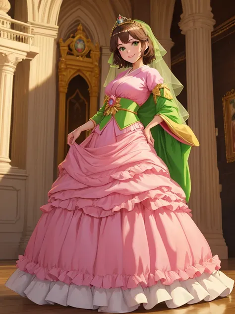 masterpiece, best quality:1.2), 1girl, smile, looking at viewer, green eyes, short brown hair, princess, princess dress, wearing puffy pink ballgown reaching the floor, green kimono, golden tiara with veil, standing in ballroom of medieval castle