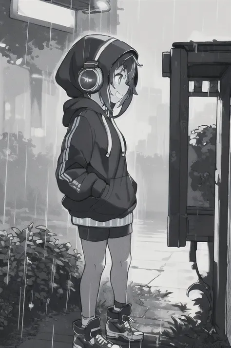 masterpiece,1girl,solo,incredibly absurdres,hoodie,headphones, street,outdoors,rain,neon lights, light smile, hood up, hands in pockets, looking away, from side