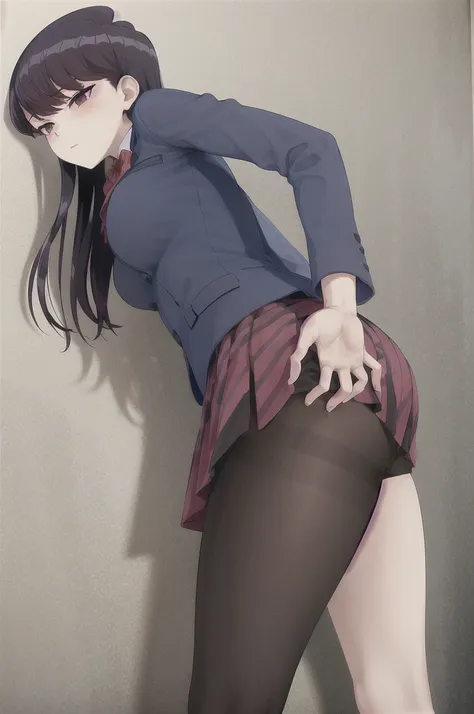 masterpiece, best quality, 1girl, solo, komi-san wa komyushou desu, ks , blue jacket, white shirt, striped bowtie, red skirt, big ass, black pantyhose, looking at viewer, hands on ass, against wall, grabbing her ass in a aggressive way, facing wall, (class...