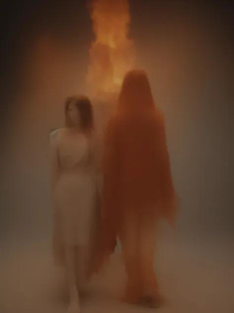 Flame bird and woman standing in the back 