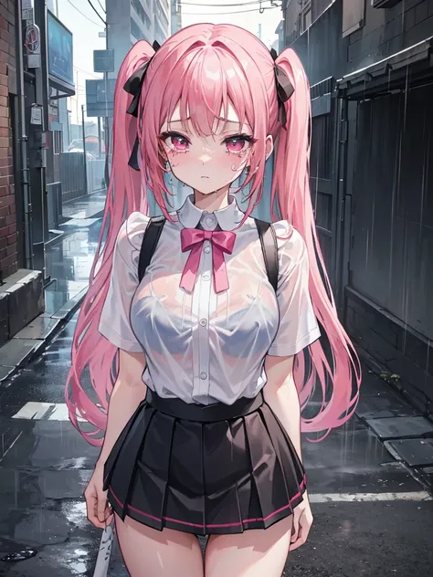 (8K、Top image quality、top-quality、​masterpiece)、A detailed face、1 girl in、A pink-haired、((twintails))、Pink eyes、piercings、cry、((is crying))、large full breasts、white  shirt、((Bra visible through clothes))、((wet clothes))、Black pleated skirt、((a miniskirt))、...