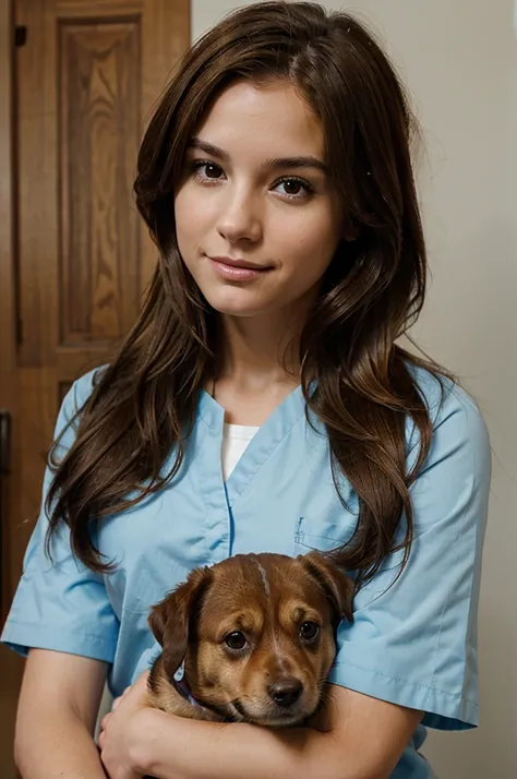 girl veterinarian with light brown hair, with a dog