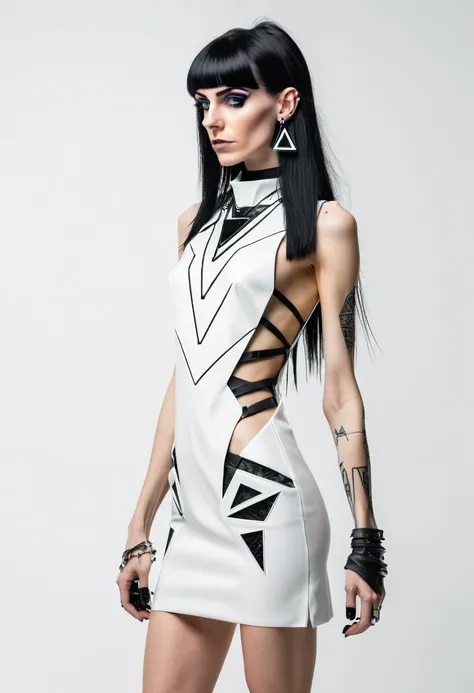 skinny 35 years old woman, , small ass, black long hair, wearing white cyberpunk MINIDRESS with triangular forms, in a white background, black nails, triangular necklace, triangular earrings, showing vagina