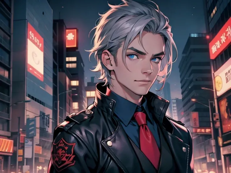 male, white purple combed back, blue eyes, blue leather jacket with red lining, black shirt, red tie, black vest. A detailed eye. City at night background.