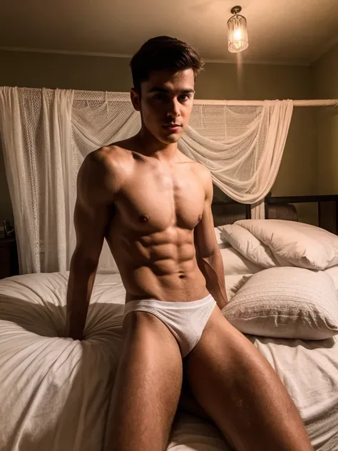 handsome Young man, Very good figure,short haircut,white skin,Not wearing a shirt  ,wearing bikini underware on a bed.  This man has black hair.  The body is quite thin.  and has hair on the body and arms a bed, but its a little firmer. The bedspread is ma...