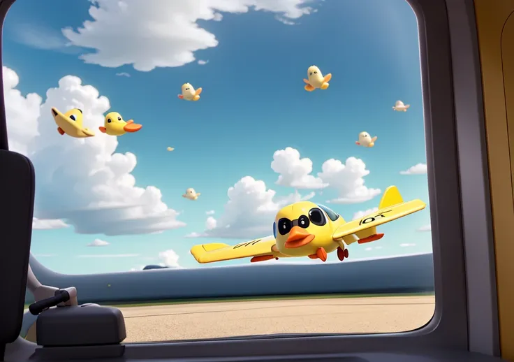 A cute duck in an airplane, looking out from door, cute soft duck with yellow beak, in the cloudy sky,