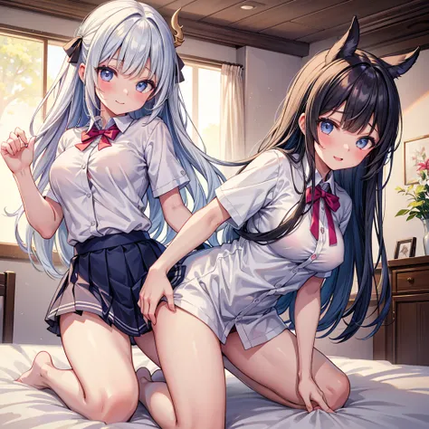 Best Quality，8K，middle School girls，「a boy is grabbing girl’s breasts from behind」valley，Naughtyな女の子，Beautiful girls，beautiful girl，Absurd，Uniform white shirt，Perfect Face，Horny girl，masterpiece，Naughty，Sex，Bed in the room，Adult