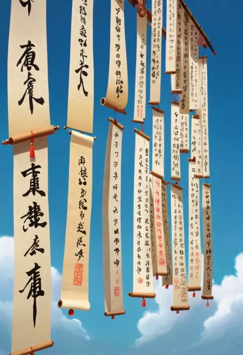 Many long scrolls hanging from the sky