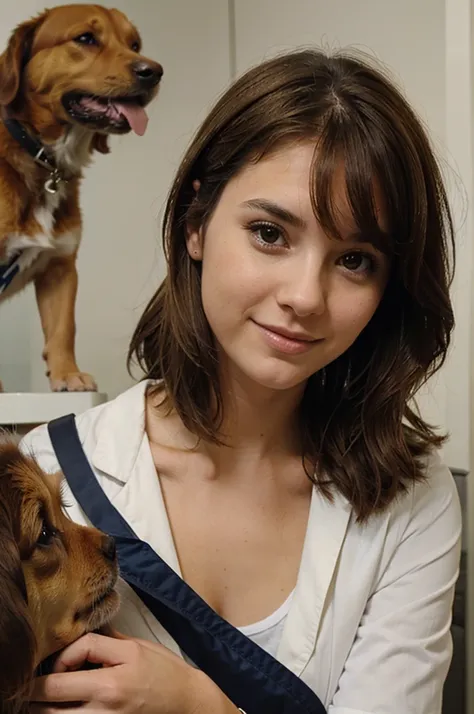 girl veterinarian with light brown hair, with a dog
