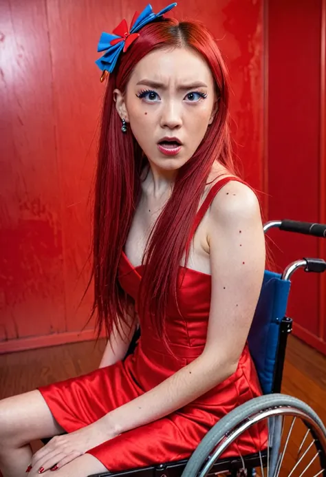 uhd, photo of cami, subject: noriko, 1/2 japanese 1/2 hainu skinny girl in 2/00 a large red wheelchair with long red hair, blue+...